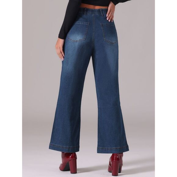 High Waisted Straight Leg Jeans Buttoned Loose Denim Pants Dark Blue - Picture 3 of 6